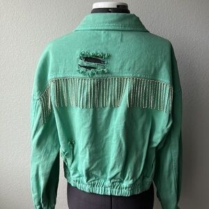 NWT Veveret jacket, aqua rhinestone fringe, distressed denim size medium